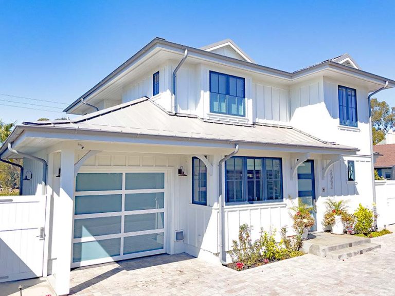 James Hardie panel siding board and batten style with V-groove soffited eaves
